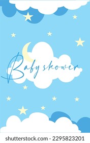 Baby shower card, blue starry sky, with blue and white clouds, and an inscription in the center.