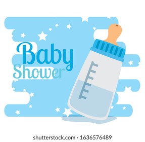baby shower card with bottle milk and stars decoration vector illustration design