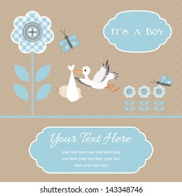 baby shower card for baby boy, button flowers with stork.Vector eps10 , illustration. 