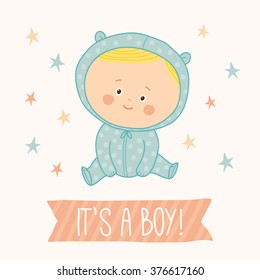 Baby shower card for baby boy. Cute baby boy sitting. Blond toddler boy. Cartoon vector hand drawn eps 10 illustration isolated on white background.