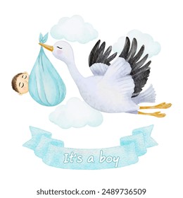 Baby shower card It's a boy with a flying stork carries a baby boy on sky background. Watercolor baby shower. Vector illustration