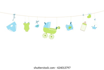  Baby shower card. Baby boy hanging symbols illustration