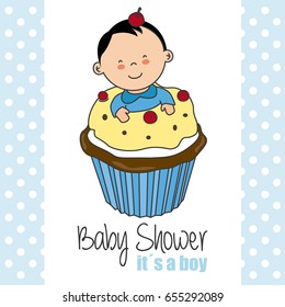 baby shower card. Baby boy inside a cupcake