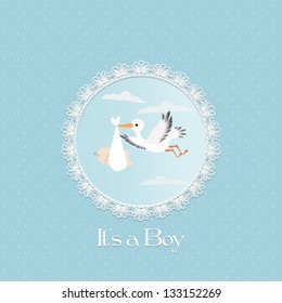 baby shower card, for baby boy, with  stork and lace frame.Vector eps10, illustration.