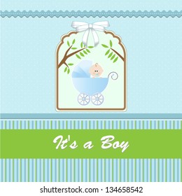 baby shower card, for baby boy, with stroller and blue-green background.Vector eps10, illustration.