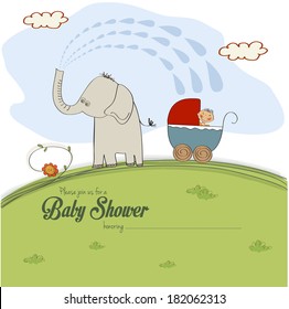 baby shower card with a boy in stroller sprayed by an elephant, vector illustration