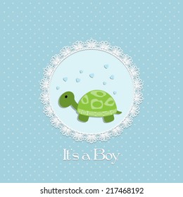 baby shower card for baby boy, with turtle and lace frame.Vector illustration.