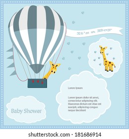 baby shower card, for baby boy,air balloon and giraffe with giraffe.Vector eps10, illustration. 