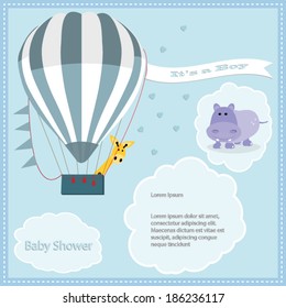 baby shower card, for baby boy,air balloon and giraffe with hippo.Vector eps10, illustration.