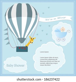 baby shower card, for baby boy,air balloon and giraffe with stroller.Vector eps10, illustration.