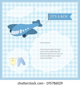 baby shower card for boy.airplane with the banner and clothing Vector eps10,illustration. 