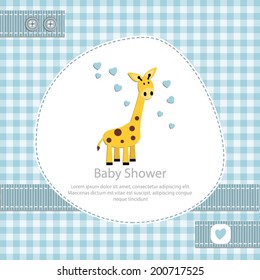 baby shower card for boy.Blue gingham background with giraffe.Vector eps10,illustration.