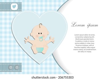 baby shower card boy,blue heart and gingham background with newborn baby.Vector eps10,illustration.