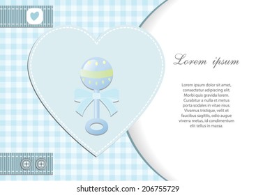 baby shower card boy,blue heart and gingham background with rattle.Vector eps10,illustration.