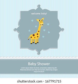 baby shower card, for baby boy,blue stripe background with giraffe.Vector eps10, illustration. 