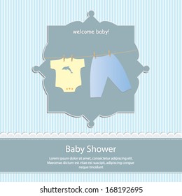 baby shower card, for baby boy,blue stripe background with clothing.Vector eps10, illustration.