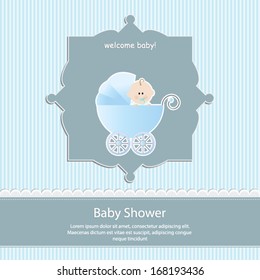 baby shower card, for baby boy,blue stripe background with stroller.Vector eps10, illustration. 