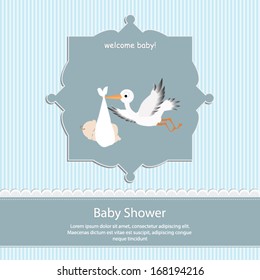 baby shower card, for baby boy,blue stripe background with stork.Vector eps10, illustration.