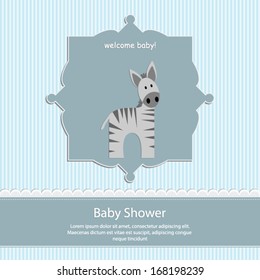 baby shower card, for baby boy,blue stripe background with zebra.Vector eps10, illustration.