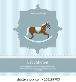 baby shower card, for baby boy,blue stripe background with rocking horse.Vector eps10, illustration.