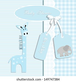 baby shower card, for baby boy,giraffe and stripe background with elephant .Vector eps10,illustration.Raster also available.