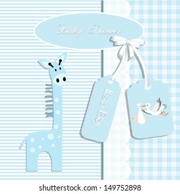 baby shower card, for baby boy,giraffe and stripe background with stork.Vector eps10,illustration.Raster also available.