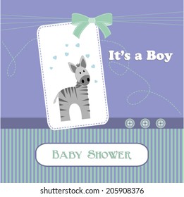 baby shower card, for baby boy,Hemlock and Violet stripe background with zebra.Vector eps10,illustration.
