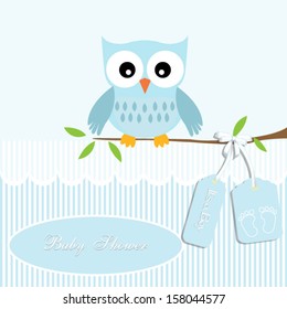 baby shower card, for baby boy,owl and stripe background with footprint.Vector eps10, illustration. 