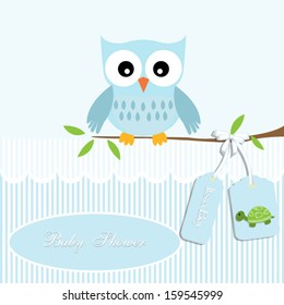 baby shower card, for baby boy,owl and stripe background with  turtle.Vector eps10, illustration.