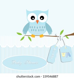 baby shower card, for baby boy,owl and stripe background with clothing.Vector eps10, illustration. 