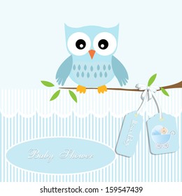 baby shower card, for baby boy,owl and stripe background with stroller.Vector eps10, illustration.