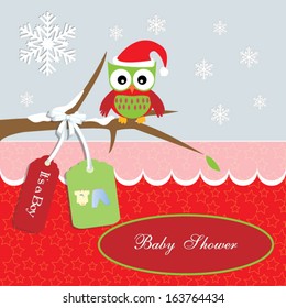 baby shower card, for baby boy,santa owl and star background with clothing.Vector eps10, illustration.