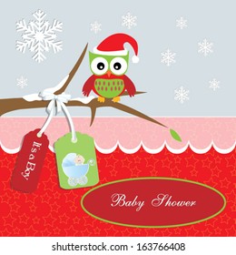 baby shower card, for baby boy,santa owl and star background with stroller.Vector eps10, illustration.
