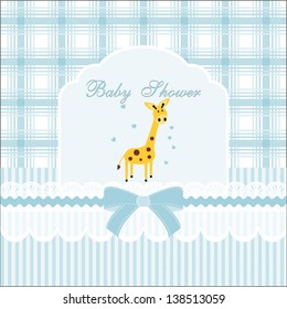 baby shower card, for baby boy,with giraffe and blue-white background.Vector eps10, illustration.