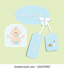 baby shower card, for baby boy,with newborn baby and light green polka dot background.Vector eps10, illustration.