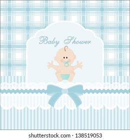 baby shower card, for baby boy,with newborn baby and blue-white background.Vector eps10, illustration.