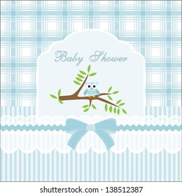 baby shower card, for baby boy,with owl and blue-white background.Vector eps10, illustration.
