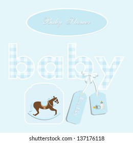 baby shower card, for baby boy,with rocking horse and blue fabric gingham patchwork  baby letters.Vector eps10, illustration.