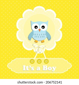 baby shower card, for baby boy,yellow polka dot background with owl.Vector eps10, illustration.