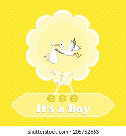 baby shower card, for baby boy,yellow polka dot background with stork.Vector eps10, illustration.