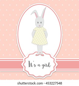 Baby shower card with bunny girl and polka dots background. It's a girl - lettering quote. Birthday party.