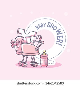 baby shower card with baby cart and icons