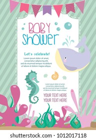 Baby Shower card with cartoon undersea world. Vector Illustration