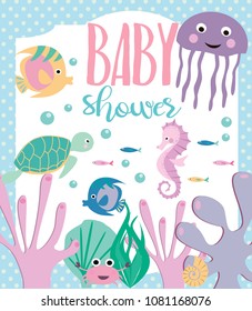 Baby Shower card with cartoon undersea world. Vector Illustration