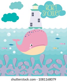 Baby Shower card with cartoon undersea world. Vector Illustration