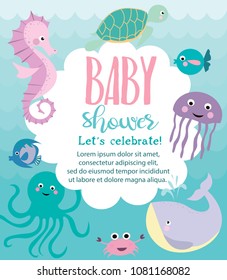 Baby Shower card with cartoon undersea world. Vector Illustration