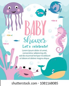 Baby Shower card with cartoon undersea world. Vector Illustration