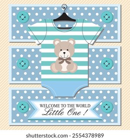 Baby shower card with baby clothe and teddy bear