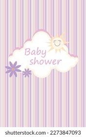 Baby shower card, color striped background, white cloud, sun with a smile, lilac flowers.