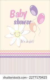 Baby shower card, colored balloons and chamomile with a smile.